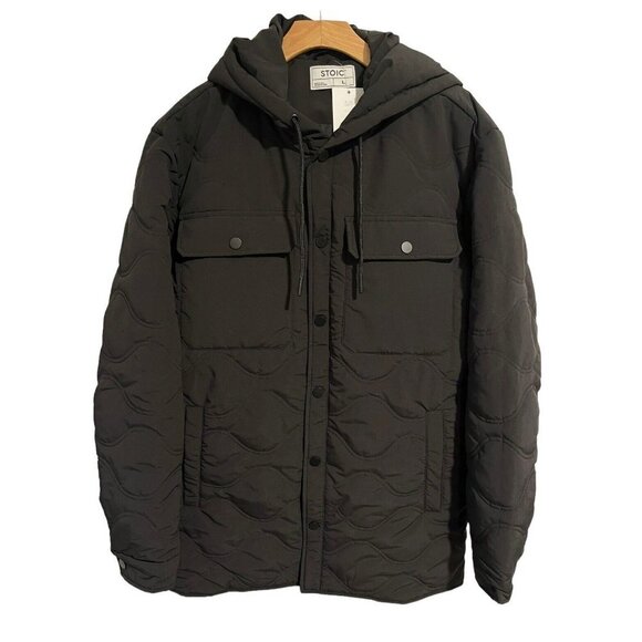 Stoic Puffer Coat Men's Large Solid Black Full Zip Hooded Pockets Parka Jacket - Picture 1 of 14